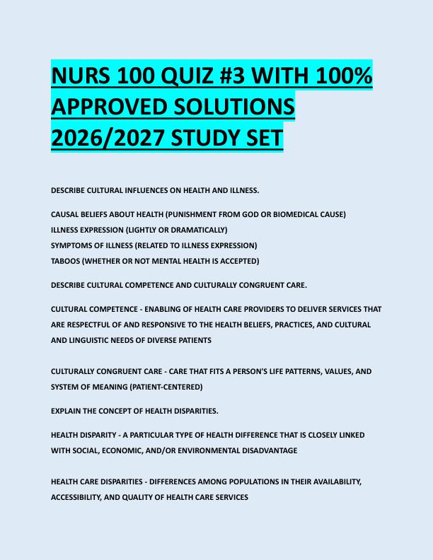 NURS 100 QUIZ #3 WITH 100%  APPROVED SOLUTIONS  2026/2027 STUDY SET