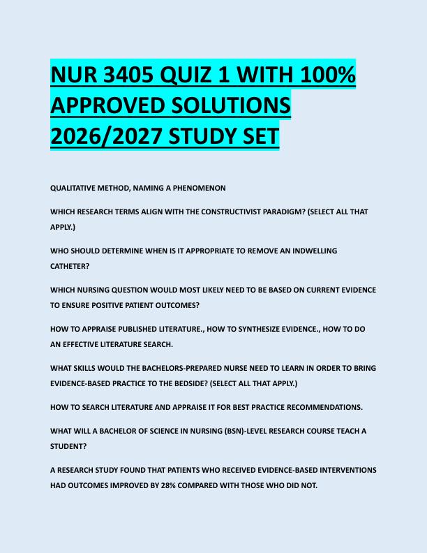 NUR 3405 QUIZ 1 WITH 100%  APPROVED SOLUTIONS  2026/2027 STUDY SET 
