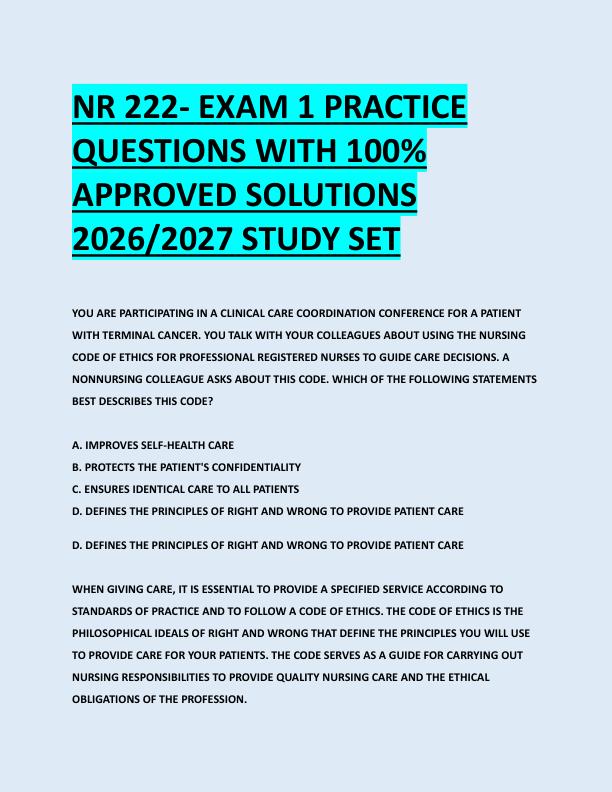 NR 222- EXAM 1 PRACTICE  QUESTIONS WITH 100%  APPROVED SOLUTIONS  2026/2027 STUDY SET