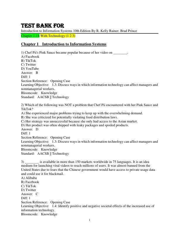 Test Bank For Introduction to Information Systems 10th Edition By R. Kelly Rainer Brad Prince Chapter 1-14 and Technology Guide(1 2 3)