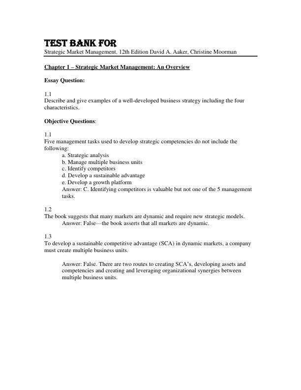 Test Bank For Strategic Market Management, 12th Edition by David A. Aaker, Christine Moorman