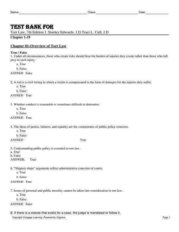 Test Bank For Tort Law, 7th Edition by J. Stanley Edwards, J.D.Traci L. Cull, J.D Chapter 1-19