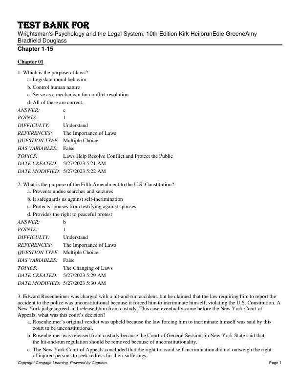 Test Bank For Wrightsman's Psychology and the Legal System, 10th Edition by Kirk HeilbrunEdie GreeneAmy Bradfield Douglass Chapter 1-15