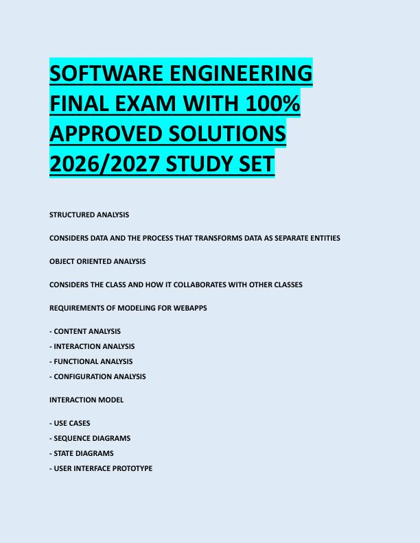 SOFTWARE ENGINEERING  FINAL EXAM WITH 100%  APPROVED SOLUTIONS  2026/2027 STUDY SET 