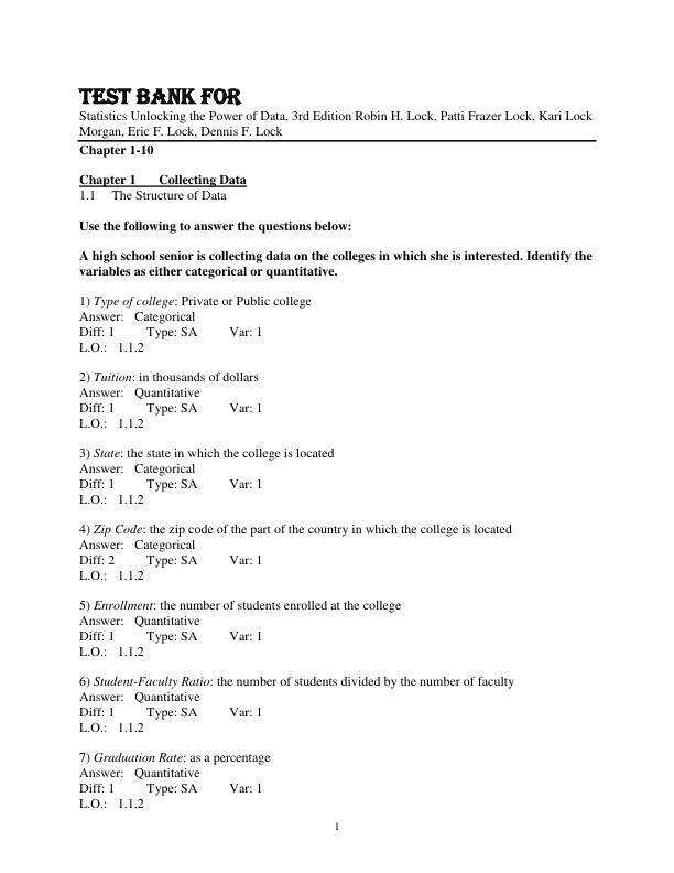 Test Bank For Statistics Unlocking the Power of Data, 3rd Edition by Robin H. Lock, Patti Frazer Lock, Kari Lock Morgan, Eric F. Lock, Dennis F. Lock Chapter 1-10