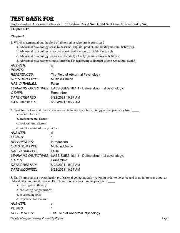 Test Bank For Understanding Abnormal Behavior, 12th Edition by David SueDerald SueDiane M. SueStanley Sue Chapter 1-17