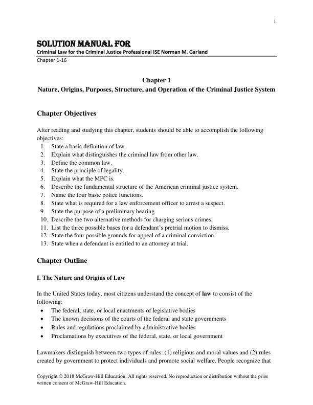 Solution Manual for Criminal Law for the Criminal Justice Professional ISE Norman M. Garland