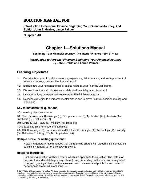 Solution Manual for Introduction to Personal Finance Beginning Your Financial Journey, 2nd Edition John E. Grable, Lance Palmer