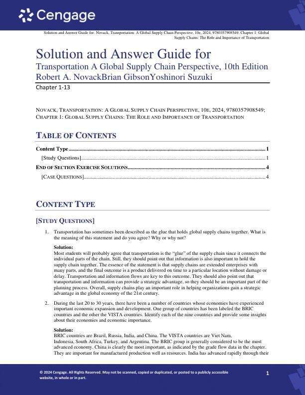 Solution Manual for Transportation A Global Supply Chain Perspective, 10th Edition by Robert A. NovackBrian GibsonYoshinori Suzuki