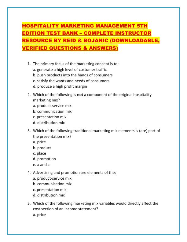 HOSPITALITY MARKETING MANAGEMENT 5TH EDITION TEST BANK