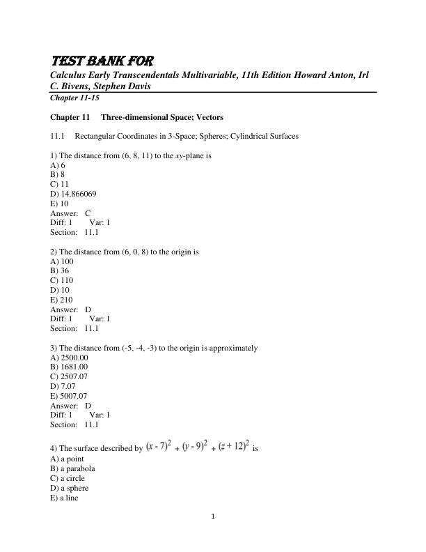 Test Bank for Calculus Early Transcendentals Multivariable, 11th Edition Howard Anton, Irl C. Bivens, Stephen Davis CHapter 11-15