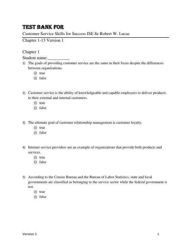 Test Bank for Customer Service Skills for Success ISE 8e Robert W. Lucas