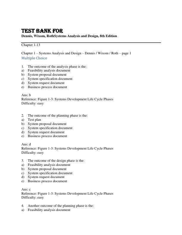 Test Bank for Dennis, Wixom, RothSystems Analysis and Design, 8th Edition