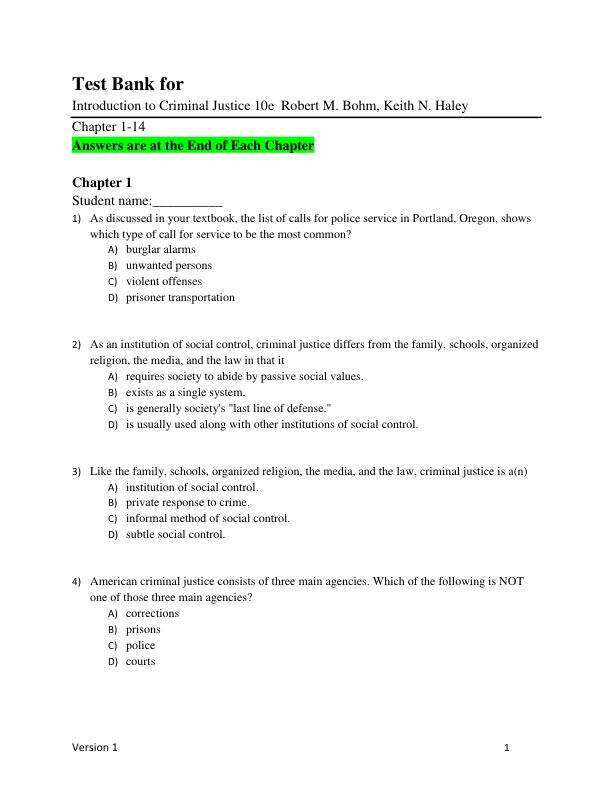 Test Bank for Introduction to Criminal Justice 10e  Robert M. Bohm, Keith N. Haley