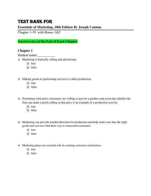 Test Bank for Essentials of Marketing, 18th Edition By Joseph Cannon