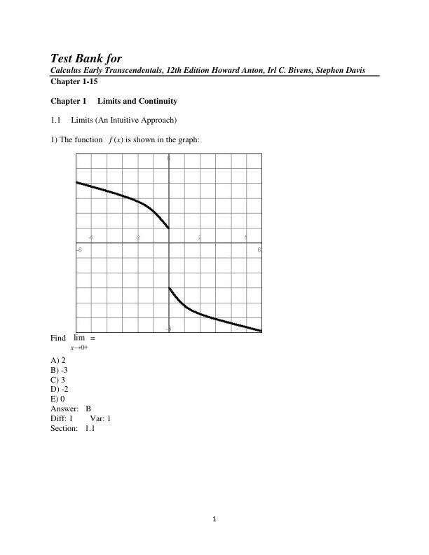 Test Bank for Calculus Early Transcendentals, 12th Edition Howard Anton, Irl C. Bivens, Stephen Davis