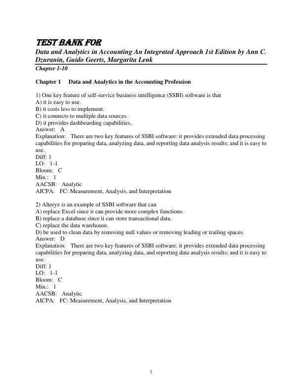 Test Bank for Data and Analytics in Accounting An Integrated Approach 1e Ann C. Dzuranin, Guido Geerts, Margarita Lenk