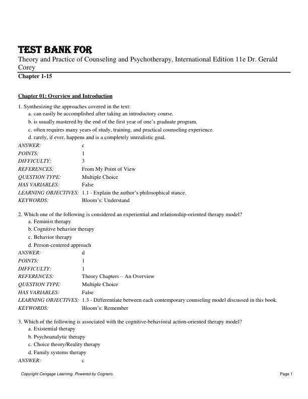 Test Bank for Theory and Practice of Counseling and Psychotherapy, International Edition 11th Edition By Dr. Gerald Corey