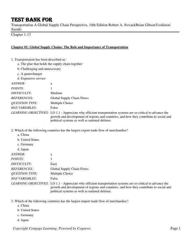Test Bank for Transportation A Global Supply Chain Perspective, 10th Edition Robert A. NovackBrian GibsonYoshinori Suzuki