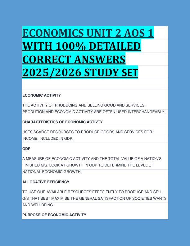 ECONOMICS UNIT 2 AOS 1  WITH 100% DETAILED  CORRECT ANSWERS  2025/2026 STUDY SET 