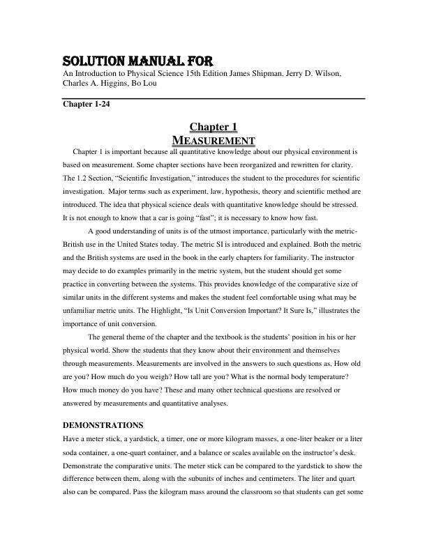 Solution Manual For An Introduction to Physical Science 15th Edition by James Shipman, Jerry D. Wilson, Charles A. Higgins, Bo Lou Chapter 1-24