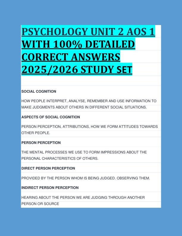 PSYCHOLOGY UNIT 2 AOS 1  WITH 100% DETAILED  CORRECT ANSWERS  2025/2026 STUDY SET 