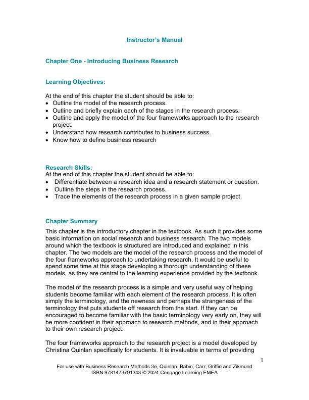 Solution Manual For Business Research Methods 3rd Edition by Christina Quinlan, Barry Babin, Jon Carr, Mitch Griffin, William G. Zikmund Chapter 1-18