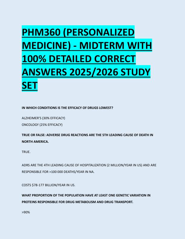 PHM360 (PERSONALIZED  MEDICINE) - MIDTERM WITH  100% DETAILED CORRECT  ANSWERS 2025/2026 STUDY  SET 