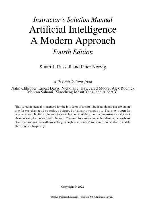 Solution Manual For Artificial Intelligence A Modern Approach, 4th Edition by Stuart J. Russell and Peter Norvig