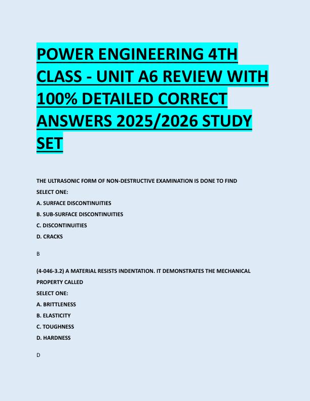 POWER ENGINEERING 4TH  CLASS - UNIT A6 REVIEW WITH  100% DETAILED CORRECT  ANSWERS 2025/2026 STUDY  SET 