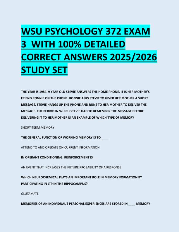 WSU PSYCHOLOGY 372 EXAM  3  WITH 100% DETAILED  CORRECT ANSWERS 2025/2026  STUDY SET 