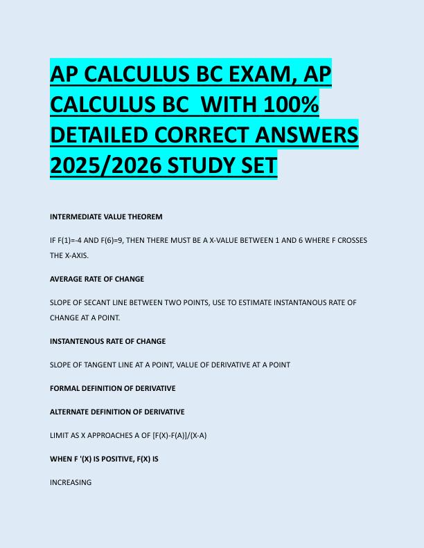 AP CALCULUS BC EXAM, AP  CALCULUS BC  WITH 100%  DETAILED CORRECT ANSWERS  2025/2026 STUDY SET 