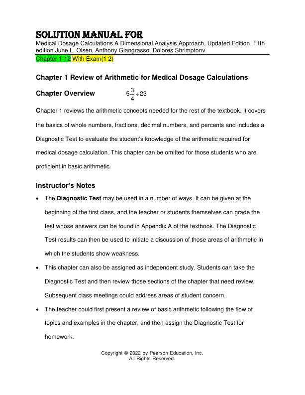 Solution Manual For Medical Dosage Calculations A Dimensional Analysis Approach, Updated Edition, 11th Edition by June L. Olsen, Anthony Giangrasso, Dolores Shrimpton Chapter 1-12