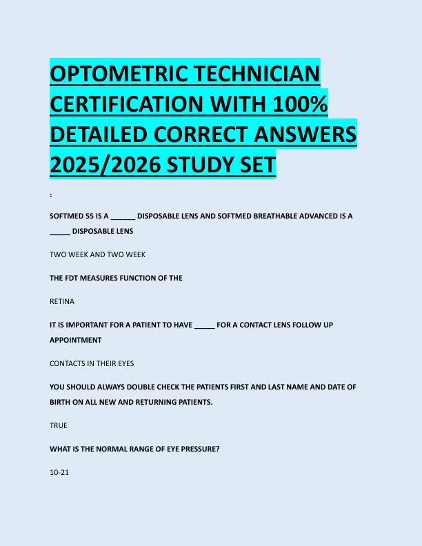 OPTOMETRIC TECHNICIAN  CERTIFICATION WITH 100%  DETAILED CORRECT ANSWERS  2025/2026 STUDY SET 