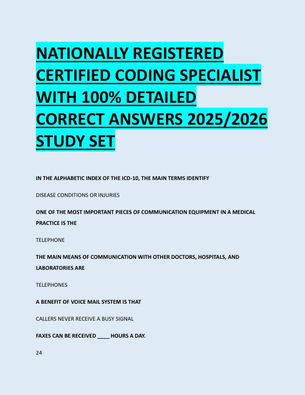 NATIONALLY REGISTERED  CERTIFIED CODING SPECIALIST  WITH 100% DETAILED  CORRECT ANSWERS 2025/2026  STUDY SET 