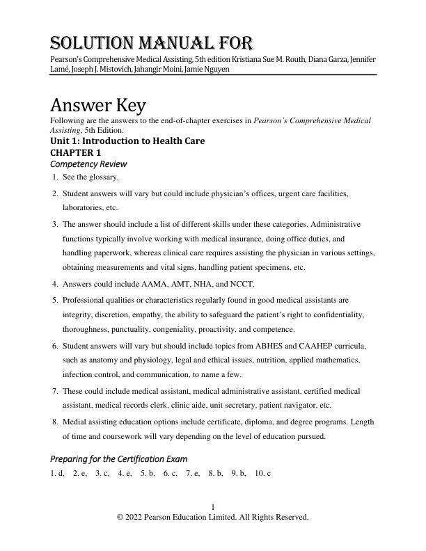 Solution Manual For Pearson's Comprehensive Medical Assisting, 5th Edition by Kristiana Sue M. Routh, Diana Garza, Jennifer Lamé, Joseph J. Mistovich, Jahangir Moini, Jamie Nguyen 