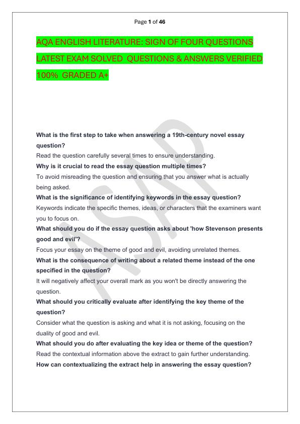 mobile-preview-AQA ENGLISH LITERATURE SIGN OF FOUR QUESTIONS LATEST EXAM SOLVED  QUESTIONS & ANSWERS VERIFIED 100%  GRADED A+