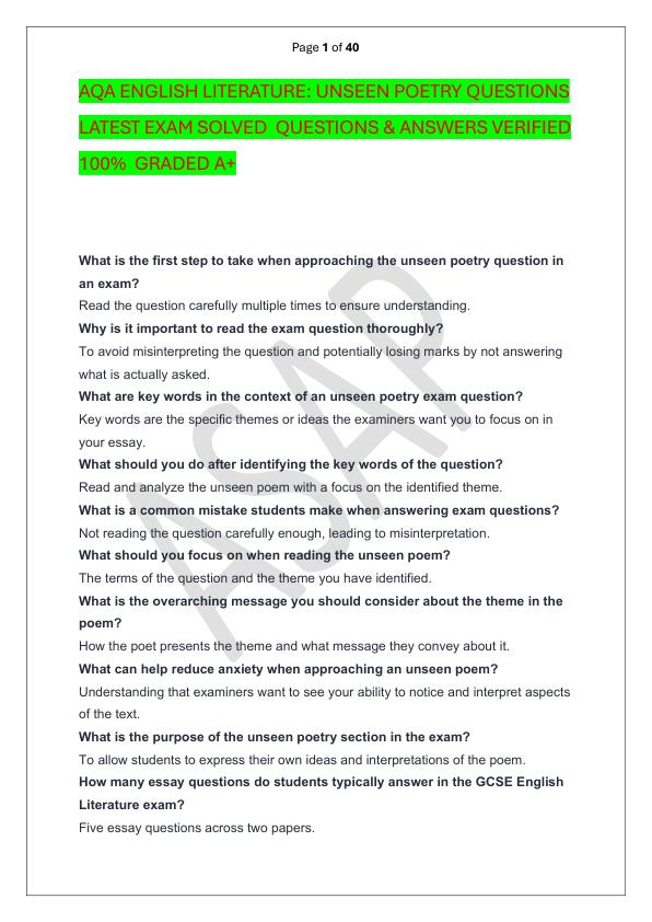 mobile-preview-AQA ENGLISH LITERATURE UNSEEN POETRY QUESTIONS LATEST EXAM SOLVED  QUESTIONS & ANSWERS VERIFIED 100%  GRADED A+