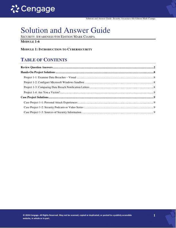 Solution Manual For Security Awareness 6th Edition by Mark Ciampa Module 1-6