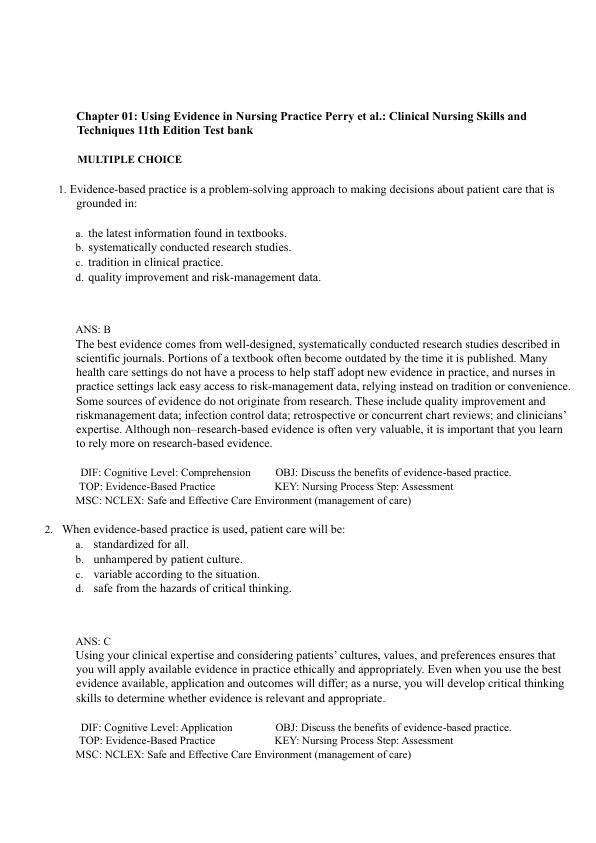Latest 2023 Clinical Nursing Skills and Techniques 11th Edition by Anne Griffin Perry, Patrici Test bank  All Chapters
