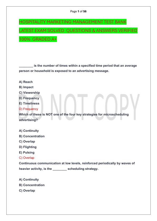 HOSPITALITY MARKETING MANAGEMENT TEST BANK LATEST EXAM SOLVED  QUESTIONS & ANSWERS VERIFIED 100%  GRADED A+
