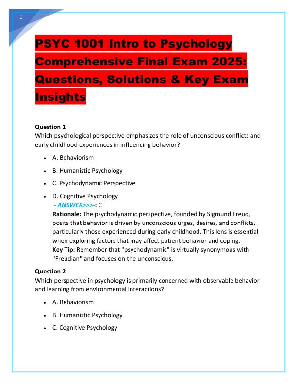 PSYC 1001 Intro to Psychology Comprehensive Final Exam 2025