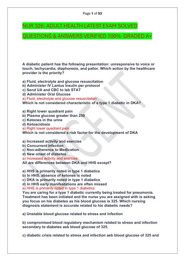 NUR 326 ADULT HEALTH LATEST EXAM SOLVED  QUESTIONS & ANSWERS VERIFIED 100%  GRADED A+
