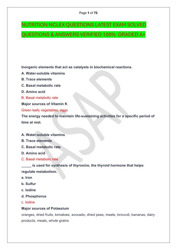 NUTRITION NCLEX QUESTIONS LATEST EXAM SOLVED  QUESTIONS & ANSWERS VERIFIED 100%  GRADED A+