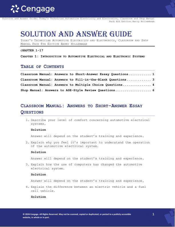 Solution Manual For Today's Technician Automotive Electricity and Electronics, Classroom and Shop Manual Pack 8th Edition by Barry Hollembeak Chapter 1-17