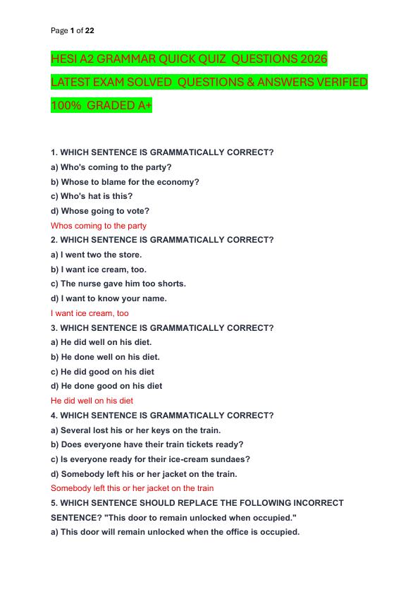 HESI A2 GRAMMAR QUICK QUIZ  QUESTIONS 2026 LATEST EXAM SOLVED  QUESTIONS & ANSWERS VERIFIED 100%  GRADED A+