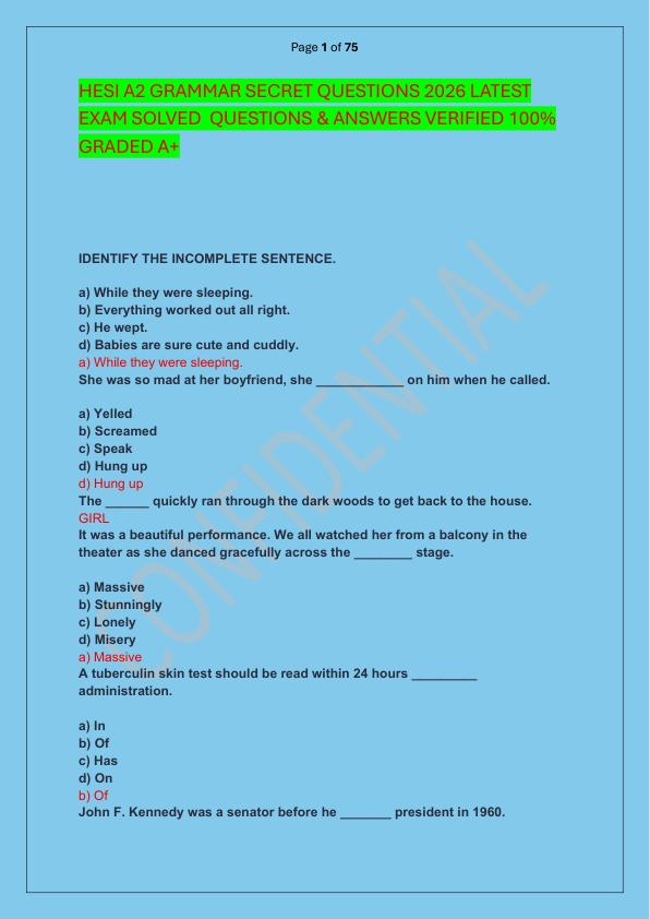 HESI A2 GRAMMAR SECRET QUESTIONS 2026 LATEST EXAM SOLVED  QUESTIONS & ANSWERS VERIFIED 100%  GRADED A+