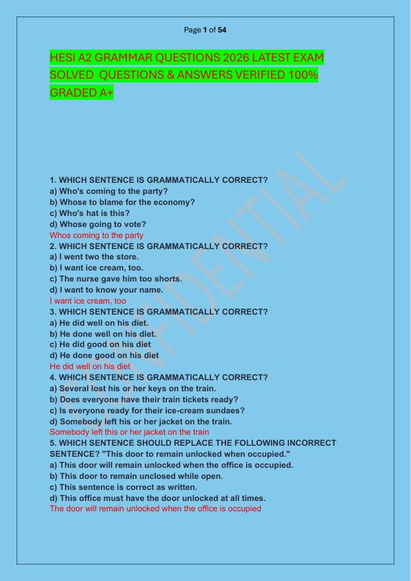 HESI A2 GRAMMAR QUESTIONS 2026 LATEST EXAM SOLVED  QUESTIONS & ANSWERS VERIFIED 100%  GRADED A+