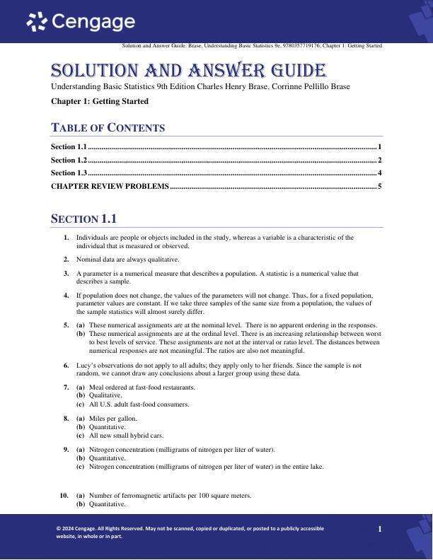 Solution Manual For Understanding Basic Statistics 9th Edition by Charles Henry Brase, Corrinne Pellillo Brase Chapter 1-11