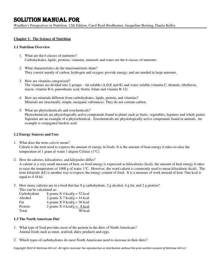 Solution Manual For Wardlaw's Perspectives in Nutrition, 12th Edition, by Carol Byrd-Bredbenner, Jacqueline Berning, Danita Kelley 